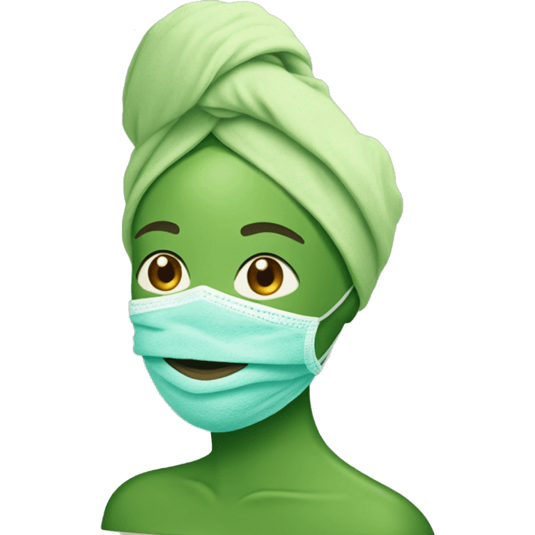 A woman with a wrapped towel on her head, green face mask, and cucumbers on her eyes  emoji