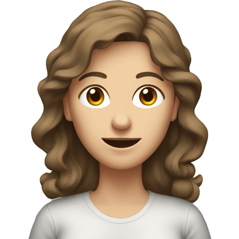 A middle-aged European woman, thin, with long, wavy brown hair. The woman has jeans and a loose T-shirt. She wears dark sneakers. emoji