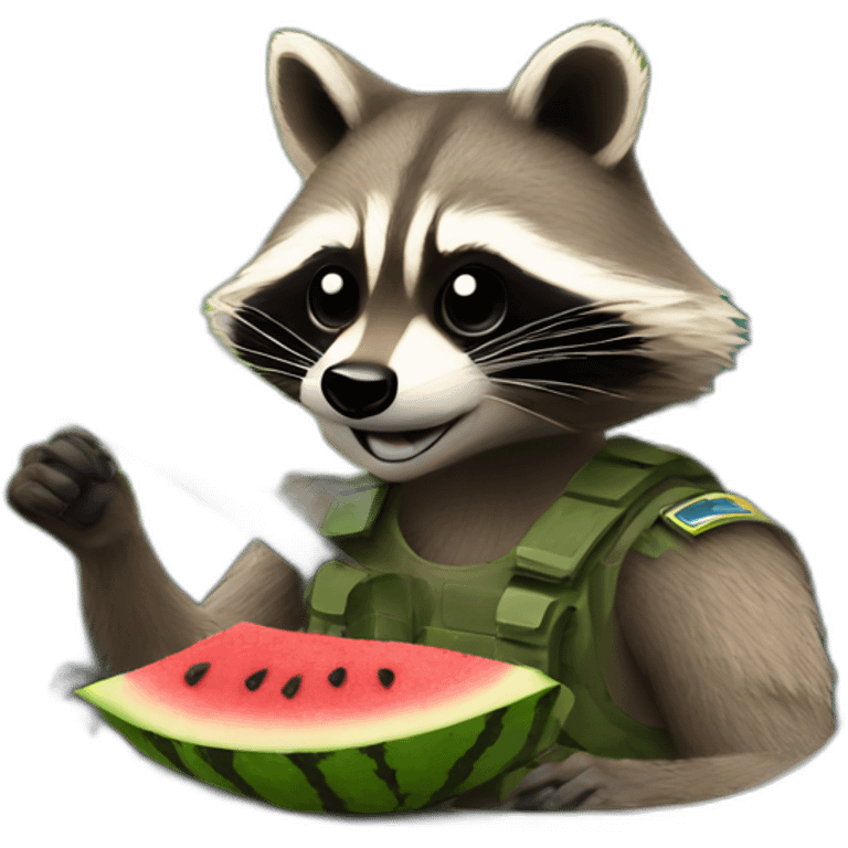 A military raccoon with a watermelon at the wheel of a car emoji