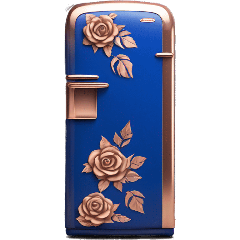 Realistic cobalt blue and rose gold retro vintage fridge with rose gold flower pattern on it. emoji