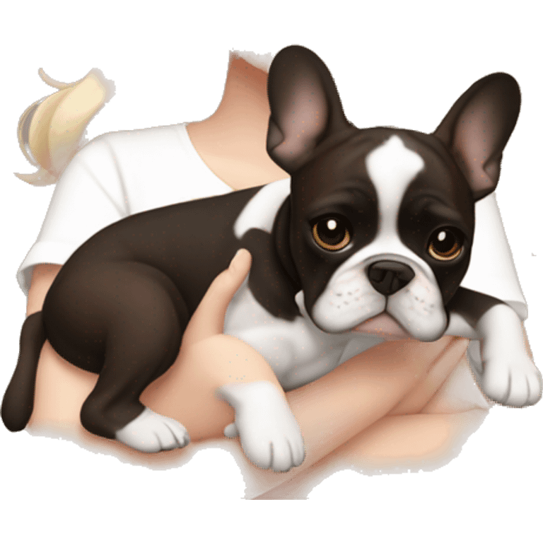 pale white skinned girl with medium dark brown wavy hair holding a brown and white and black french bulldog puppy  emoji