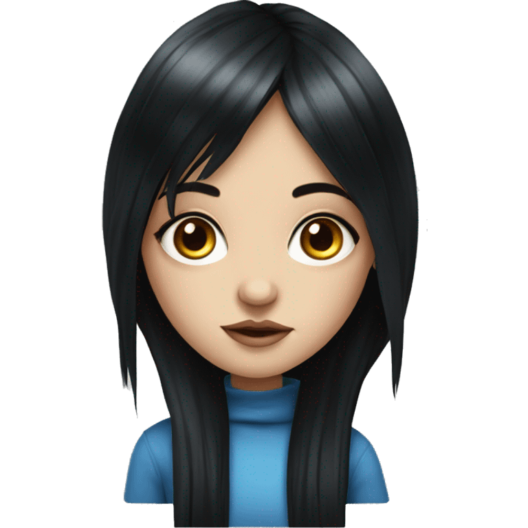 Pretty Hyperrealistic alternative style girl with blue eyes with long black hair and a fringe emoji