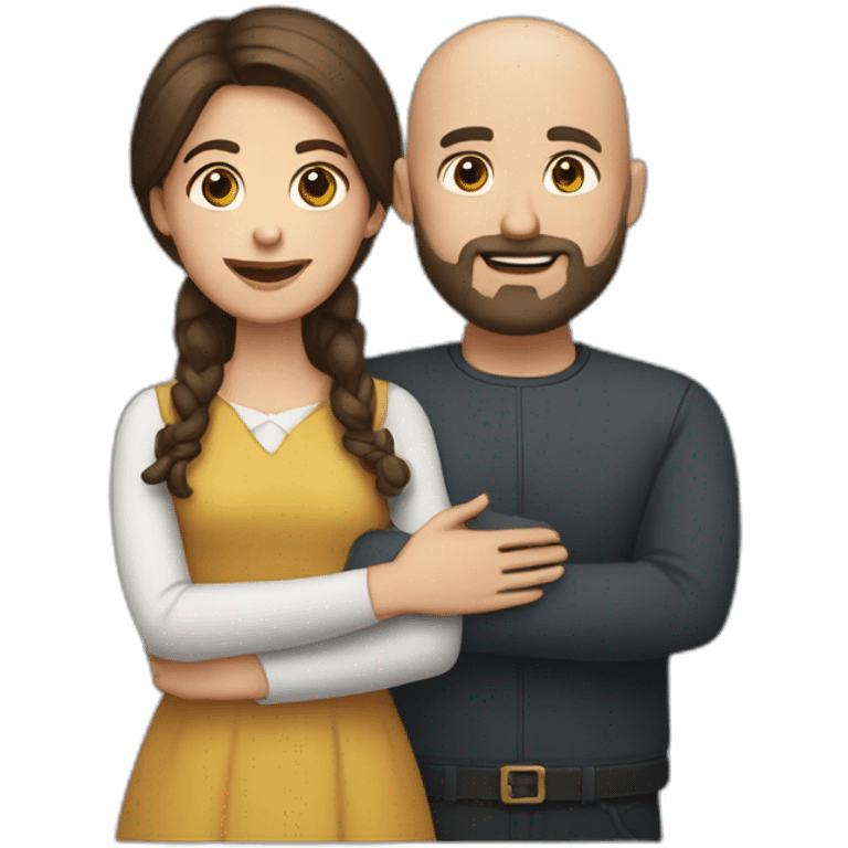 brunette girl (hair mid length) and bald guy with beard, golding hands together emoji