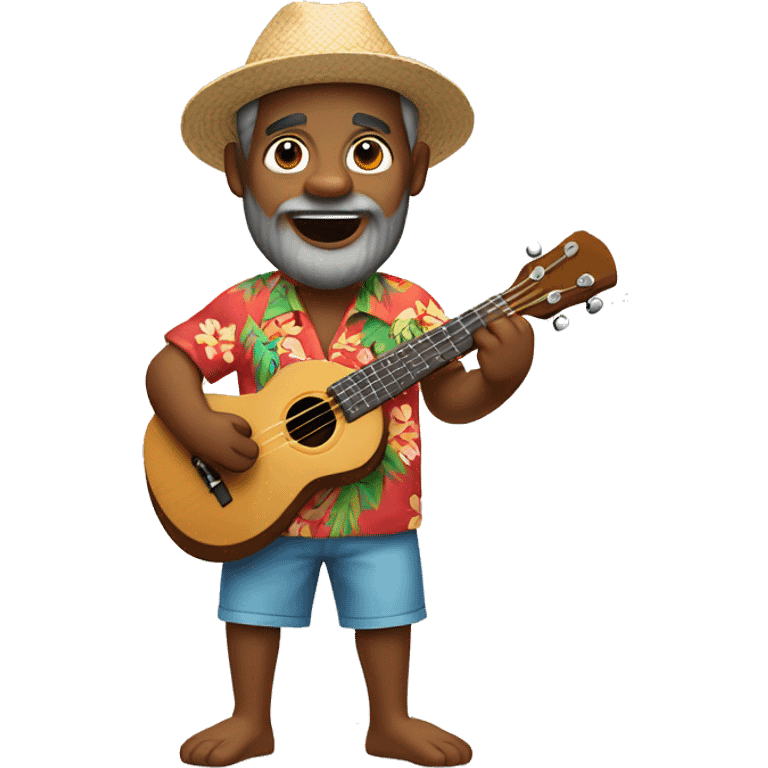 dark-skinned native hawaiian man h playing ukulele age 57 wearing hawaiian shirt shorts beard with cap back small eyes emoji