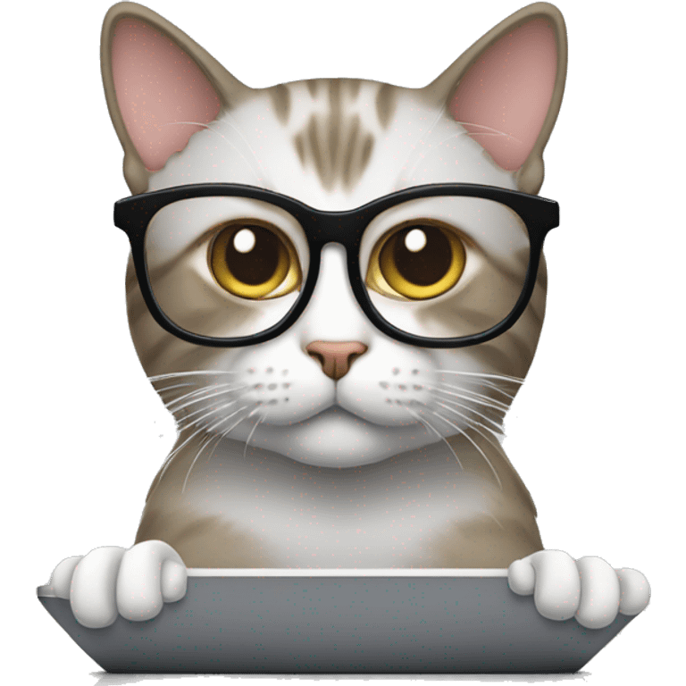 Cat wearing spectacles and working hard on a mac computer  emoji