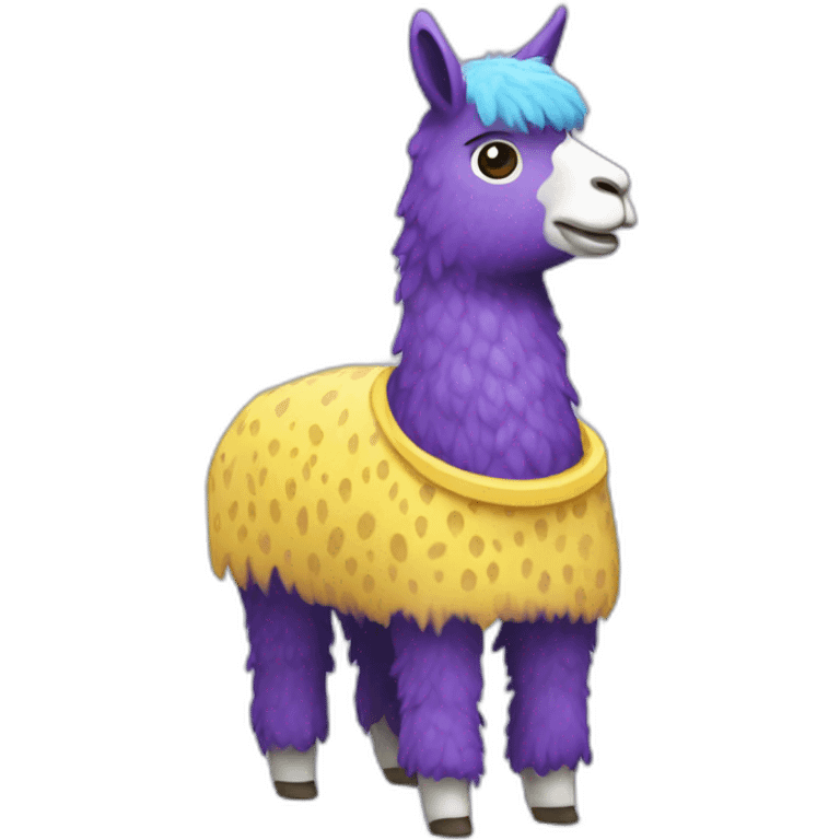 a purple llama with white spots with a yellow-blue mat on its back emoji