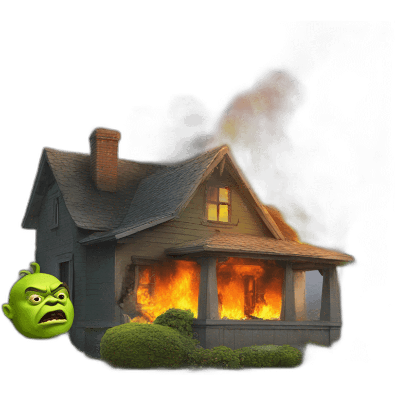 A house that is on fire with a Shrek head on top of it emoji