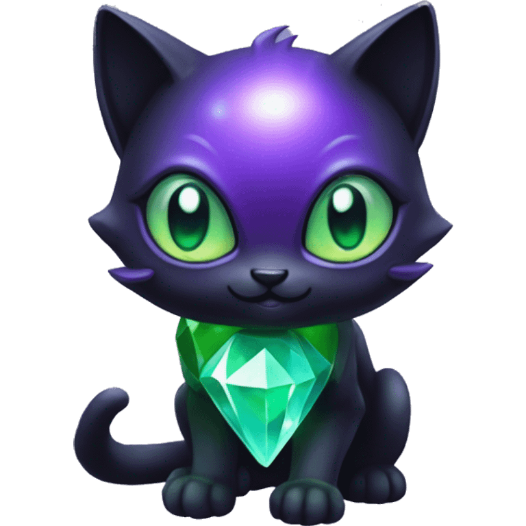 Shiny, Sparkly, Black Dark-type--Psychic-Ice-type-Fakémon-Alien-Cat Blind Purple eyes, green gem, full body emoji