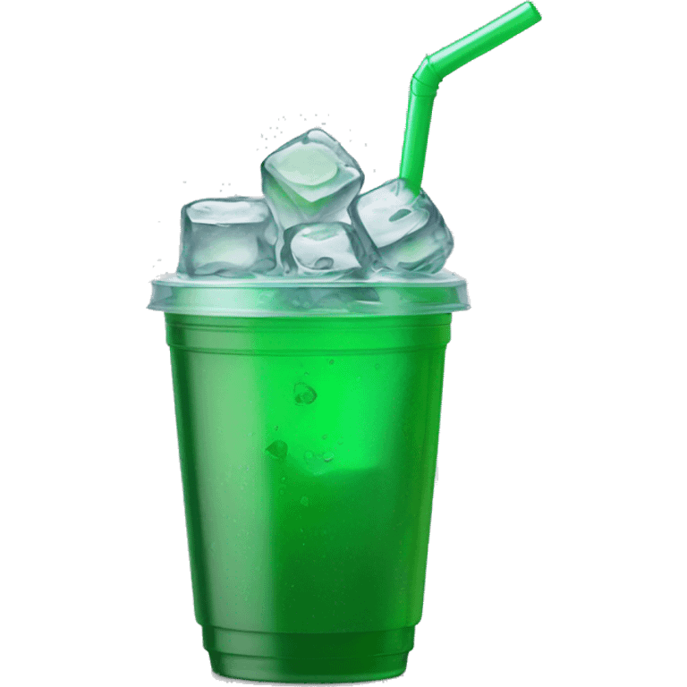 Realistic plastic cup and lid with green soda and large ice cubes inside and straw through the top of the lid. emoji