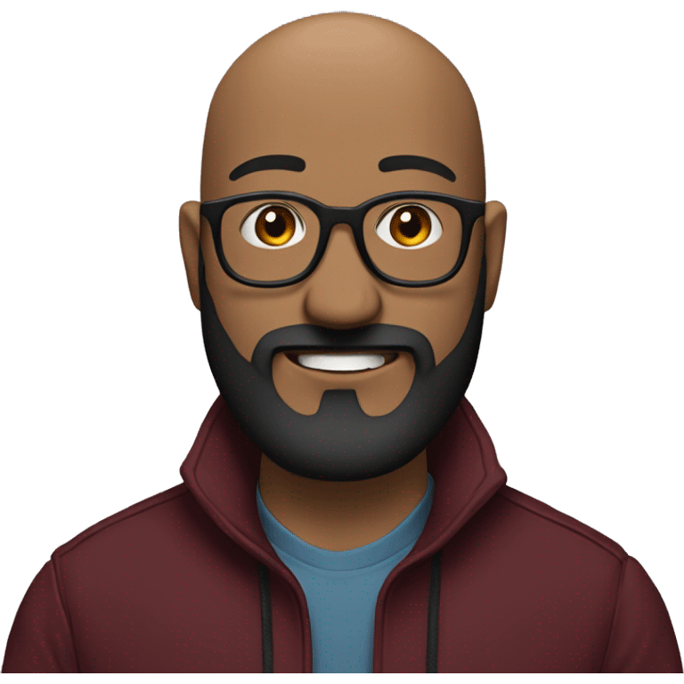 Tilted face, Bald man smiling with glasses and a big, bushy black beard. Wearing a maroon jacket emoji