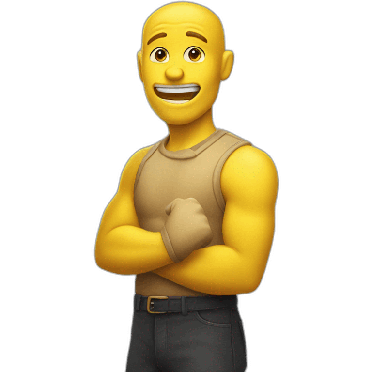 an emoji of a yellow man showing off his chiseled jawline with his finger, pointing to his jaw with a finger, mouth closed emoji