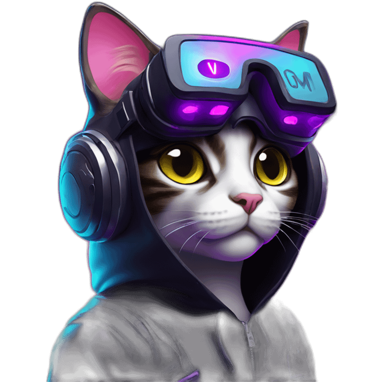 funny cat wearing a black hoodie with "OMG" letters on it and VR headset in a cyberpunk VR environment with violet neon lighting. emoji