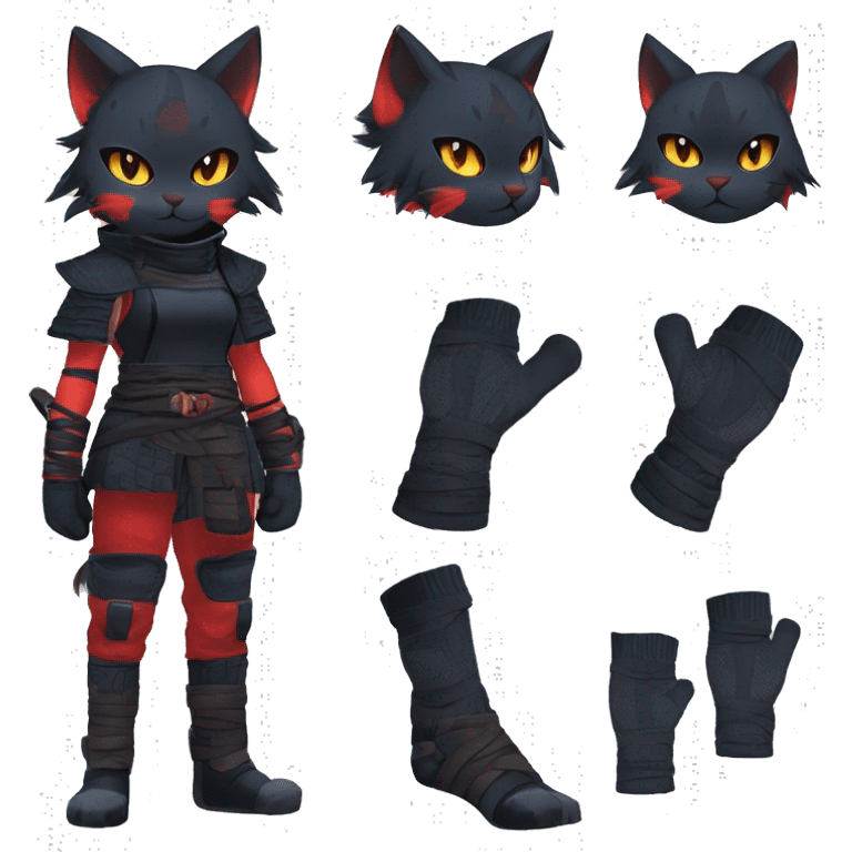 Edgy Shy Anthro Samurai cool pretty dark Litten-Pokémon-cat-fursona-animal techwear Bandages gloves socks emoji