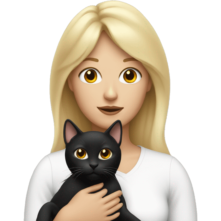 Blonde mom with bangs holding black cat with white chin with white chest emoji