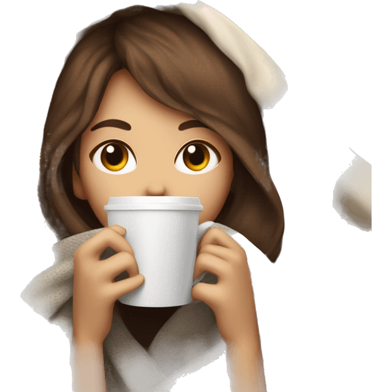 girl inside a blanket sipping coffee eyes closed white skin, brown hair and bangs emoji