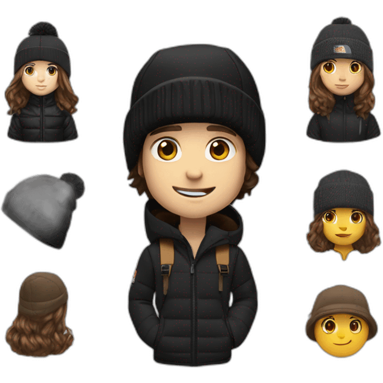 white boy,mi-long brown hair,winter cap black The North face,black jacket The North face,1 Backpack emoji