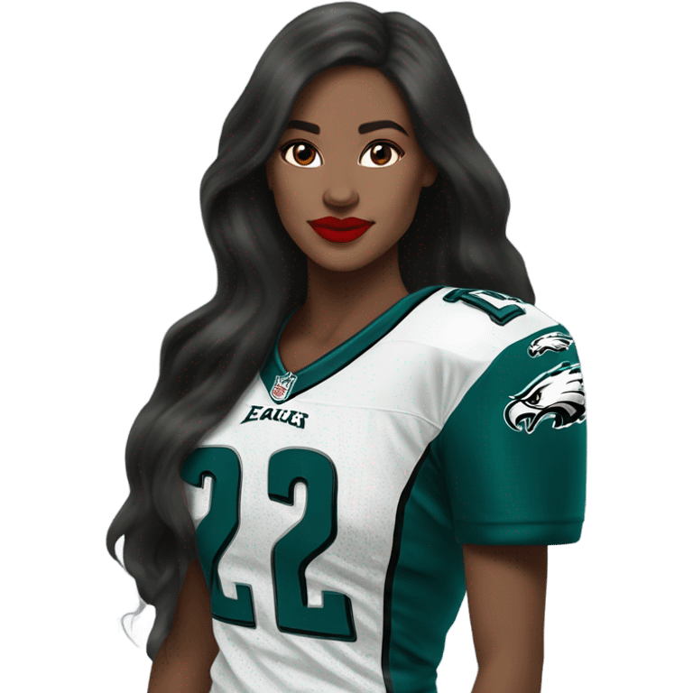 White female long dark hair red lips wearing Philadelphia Eagles jersey emoji