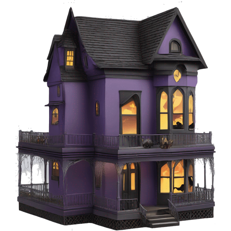 Barbie’s and Batman’s 6 story tall very haunted dream house with complete wrap-around porch and spider webs everywhere and some broken windows and boards  emoji