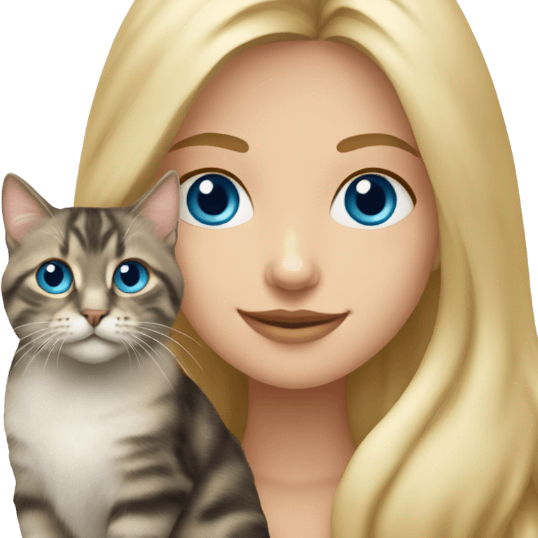 Pretty Blonde woman with blue eyes holding a Norwegian forrest cat  emoji