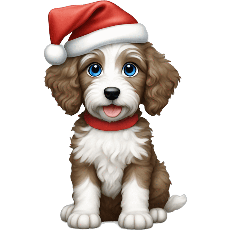 Aussidoodle puppy with blue eyes wearing Santa hat and red bow emoji