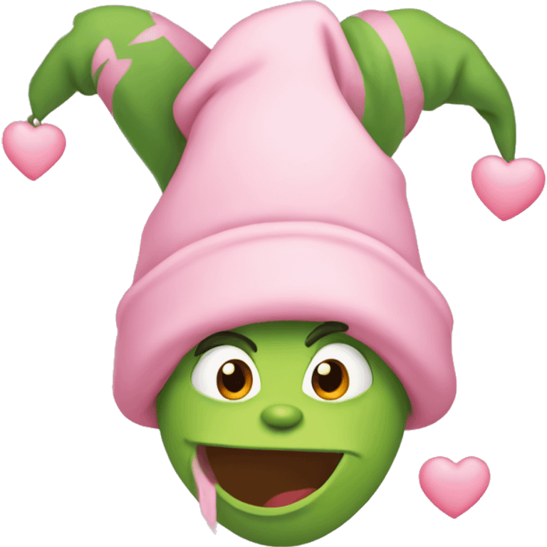 grinch wearing a light pink toboggan with hearts around him emoji