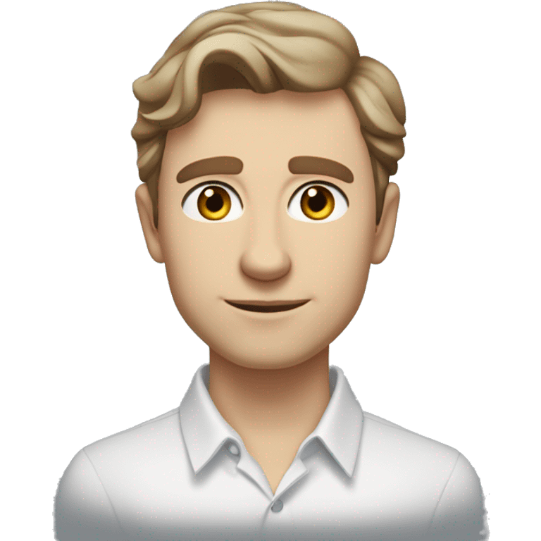 Igor Vihorkov (Light-brown wavy hair, side-swept. Oval face, fair skin, neutral look. Blue-gray eyes, arched eyebrows. Loose white shirt, top buttons undone) emoji