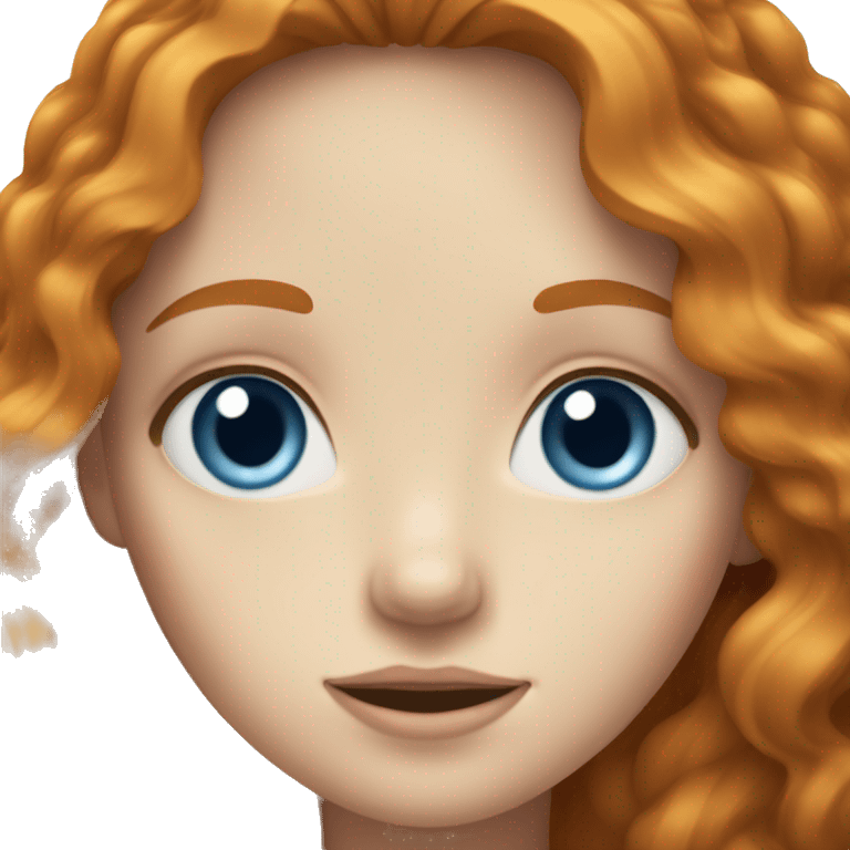 pale girl with long wavy ginger hair, blue eyes with brown spot in one eye emoji