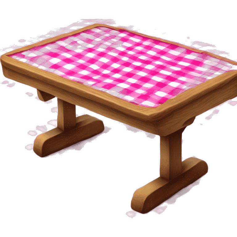 Realistic wood picnic table with hot pink and white checkered table cloth over the table. emoji