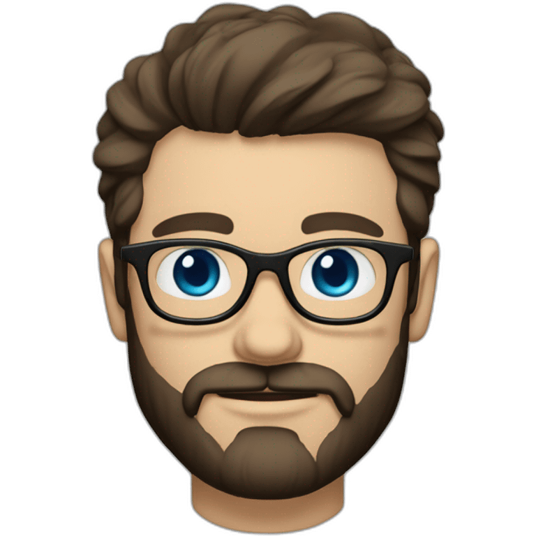 White man with blue eyes and dark brown hair, styled sideways backwards. He has a beard and mustache trimmed and wears a black t-shirt and vintage glasses. emoji