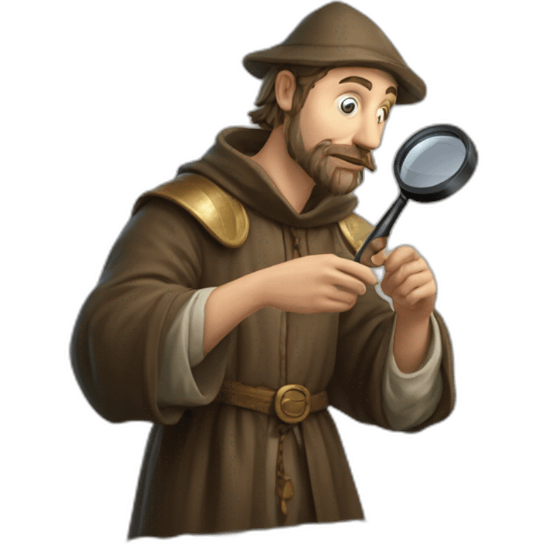 medieval coin collector, looking at a coin with a magnifying lense emoji