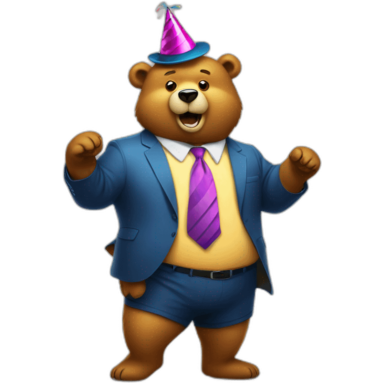 Fat bear dancing in a party hat and tie emoji