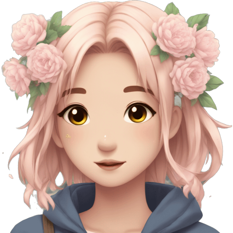 Gorgeous anime style shojo girl with blushing face and flowers aesthetic trending style outside emoji