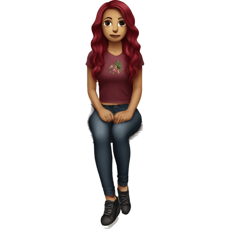 Beautiful tattooed burgundy long haired woman sitting on a bench emoji