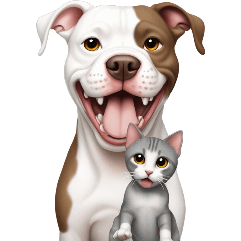 A white and brown pitbull licking a gray cat lovingly as buddies emoji