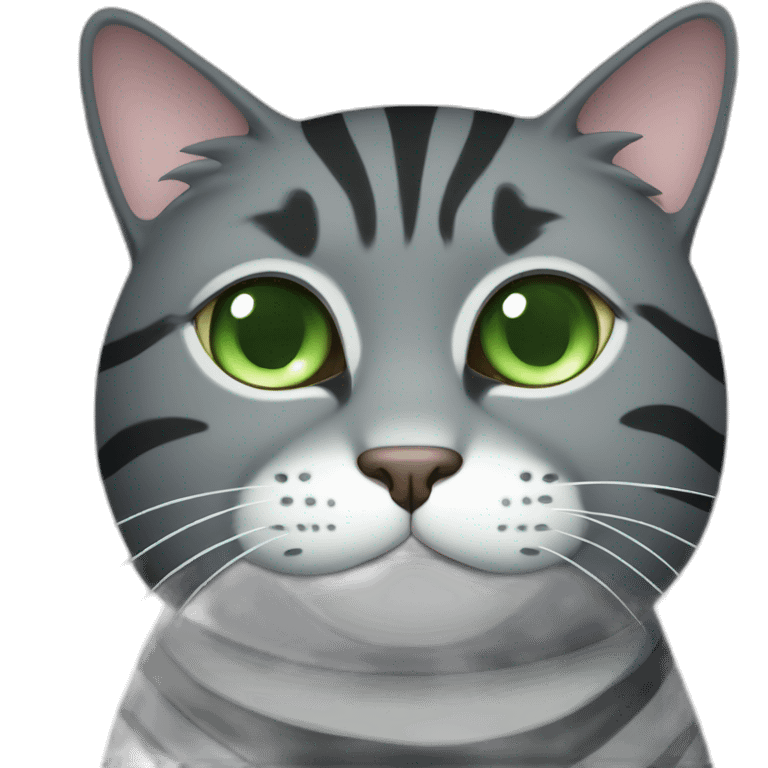 Chubby Striped dark grey cat with Green eyes and white chest emoji