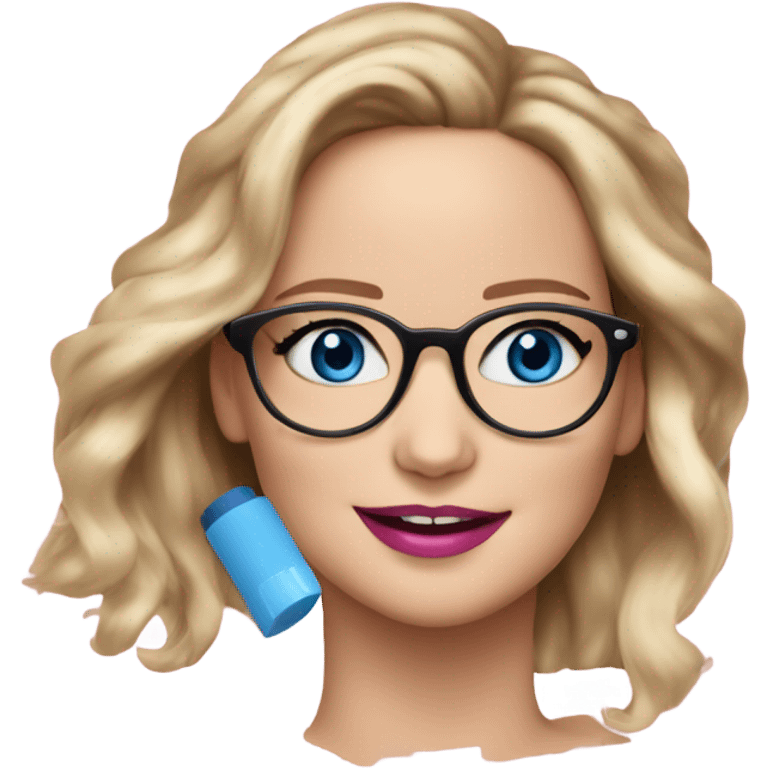 Happy Jennifer Lawrence,  blue eyes wearing glasses and pink lipstick  emoji