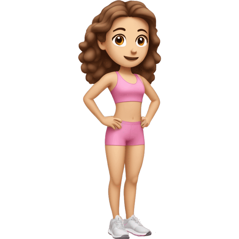 Caucasian girl with brown hair and brown eyes doing Pilates in a pink workout set emoji