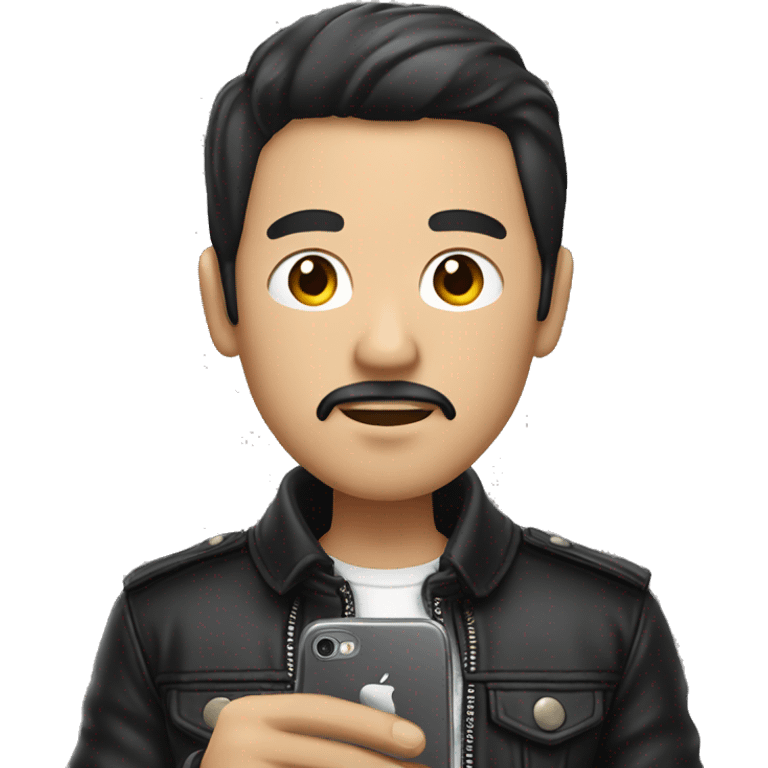 east asian man with mustatche wearing black leather jacket is holding phone emoji