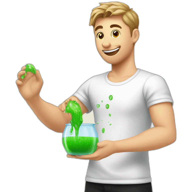 Slavic guy in a white T-shirt and black trousers holds a slime in his hands and washes the window emoji