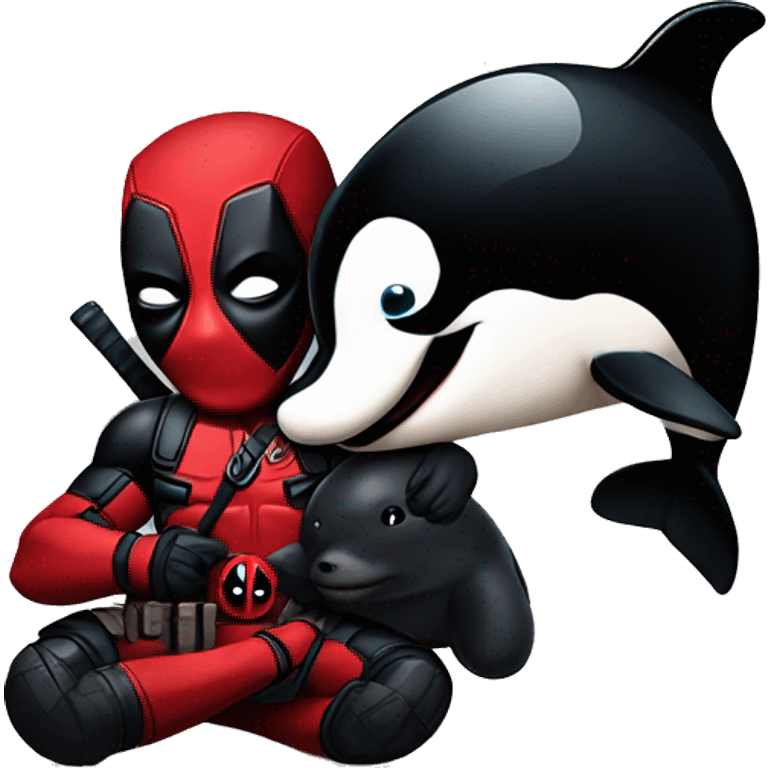 Deadpool holding a baby orca emoji