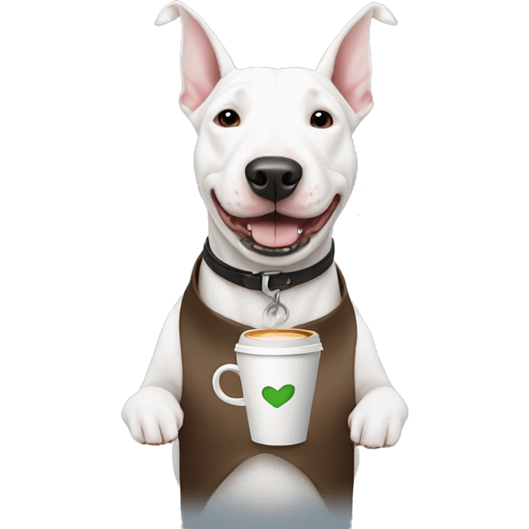 White bull terrier dog holding a coffee emoji