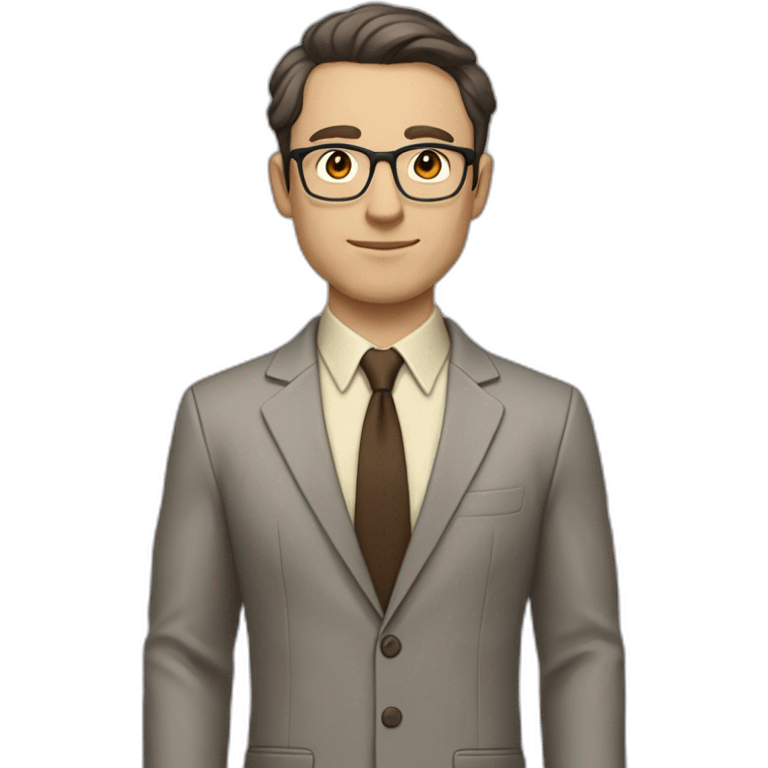 Full height Gesticulating Pale skinned fit man with dark brown hair in gray jacket, beige office shirt, brown tie, brown pants and vintage glasses. emoji