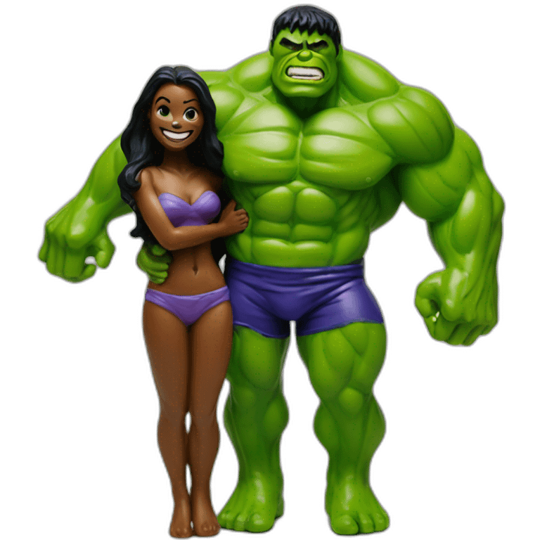 Woman figurine body paint hugging hulk emoji