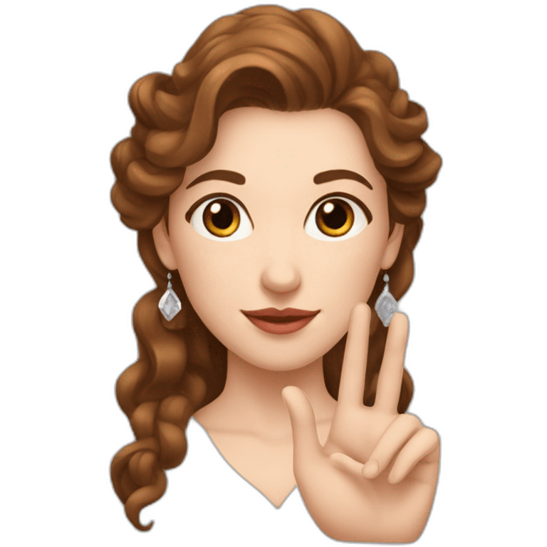 white beautiful woman, brown wavy hair, heart gesture by hands, long earrings emoji