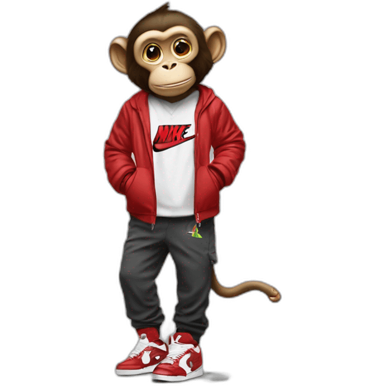 Monkey wearing Jordan 4 on its  feet with a bunch of Nike clothes emoji