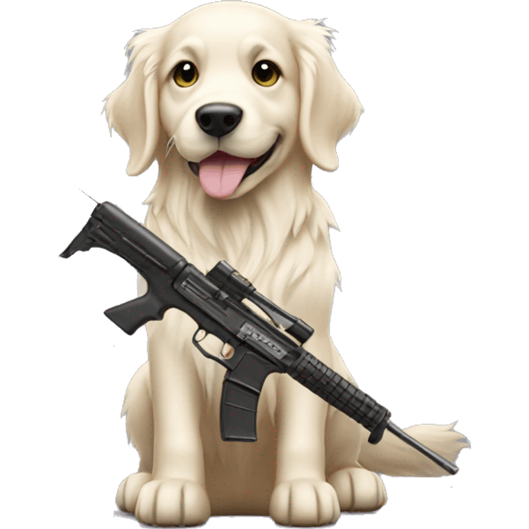 White golden retriever with a rifle emoji