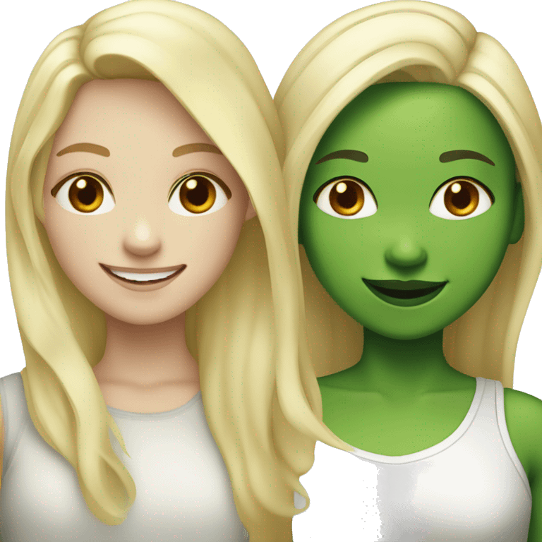 smiling girls with green skin blonde hair girl to the left with pale skin emoji