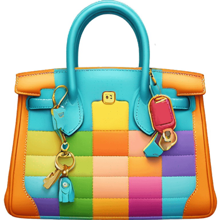 a cute Hermes bag with colorful keychains and bright patchwork colors  emoji