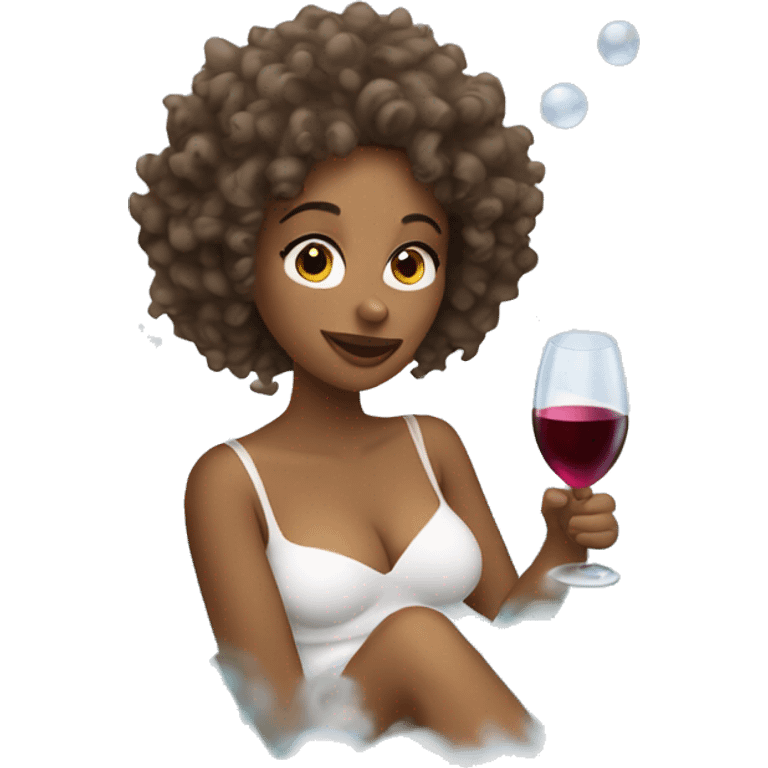 White Woman with curly hair drinking wine in a bubble bath emoji