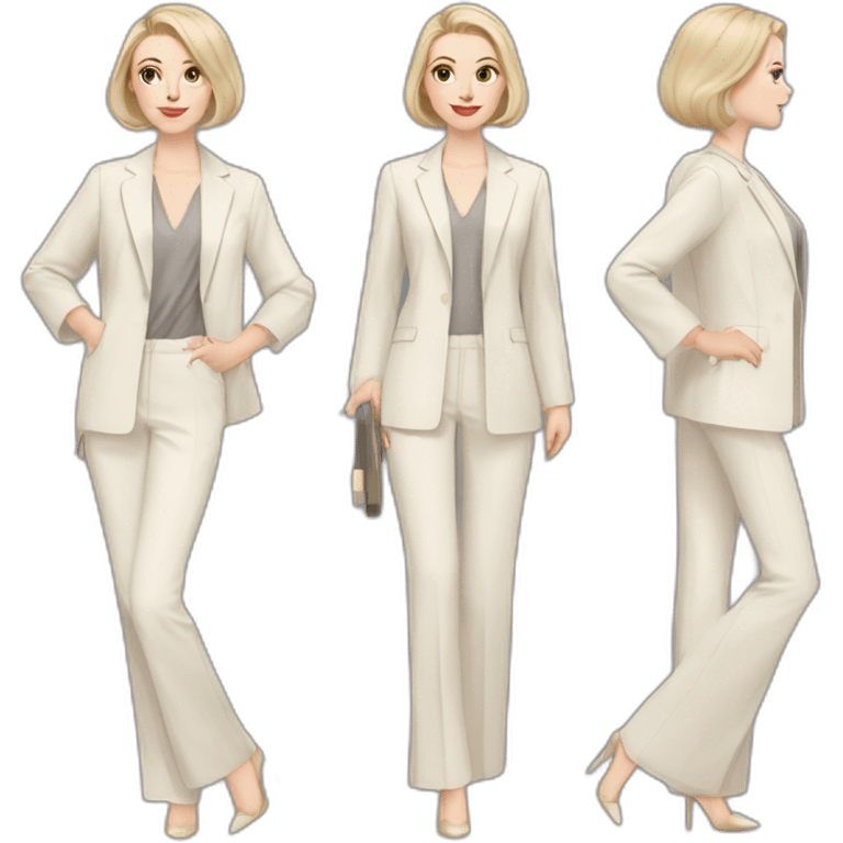 pale skin woman with ash blonde Straightened bob Hair, White Spacious classical jacket, beige palazzo Arrow pants and gray blouse holding a color palettes in the hands emoji